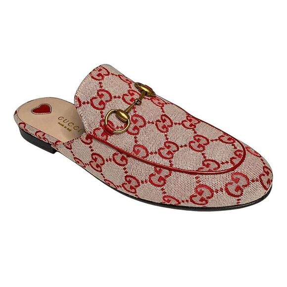 Gucci Princetown Horsebit Mule EU 37.5 US 7.5 Red GG Monogram Canvas Loafer Flat - Picture 1 of 12